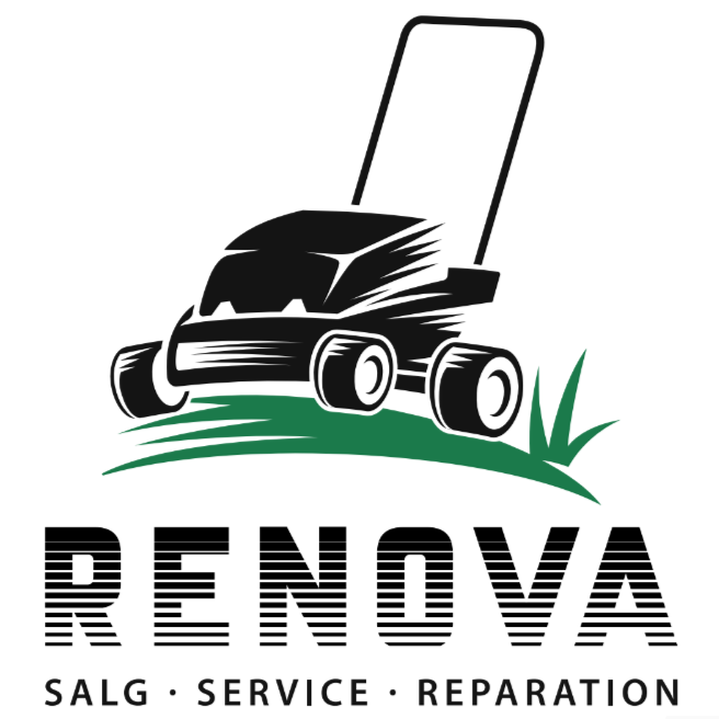 Logo for Renova, salg, service og reparation af plæneklippere. Sort plæneklipper på grønt græs; teksten
