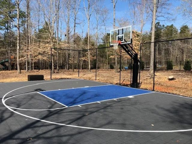 Outdoor basketball half-court with a hoop and blue-painted key, surrounded by trees.