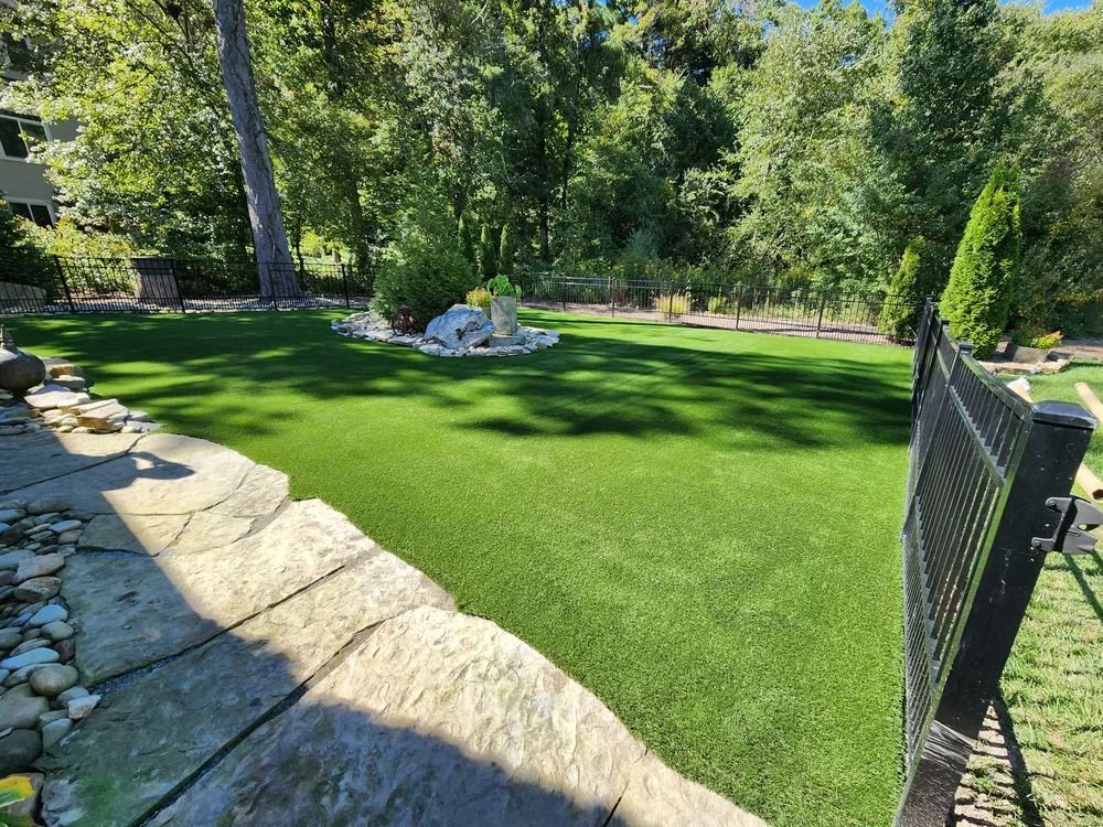 Sunny backyard with lush green lawn, stone border, trees, and a black gate on the right
