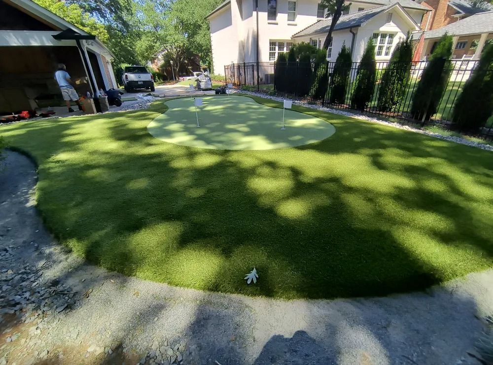 Green lawn with large white circular patches in a residential driveway and yard area