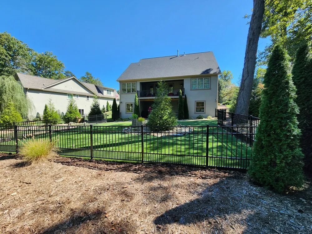 Backyard with black fence, green lawn, and two-story house under a bright blue sky