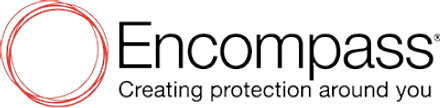 Encompass logo with red circular rings and black text, “Creating protection around you” in gray.