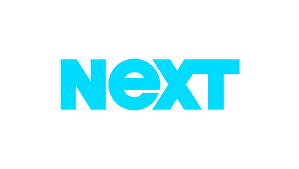 Turquoise “NEXT” wordmark on a white background