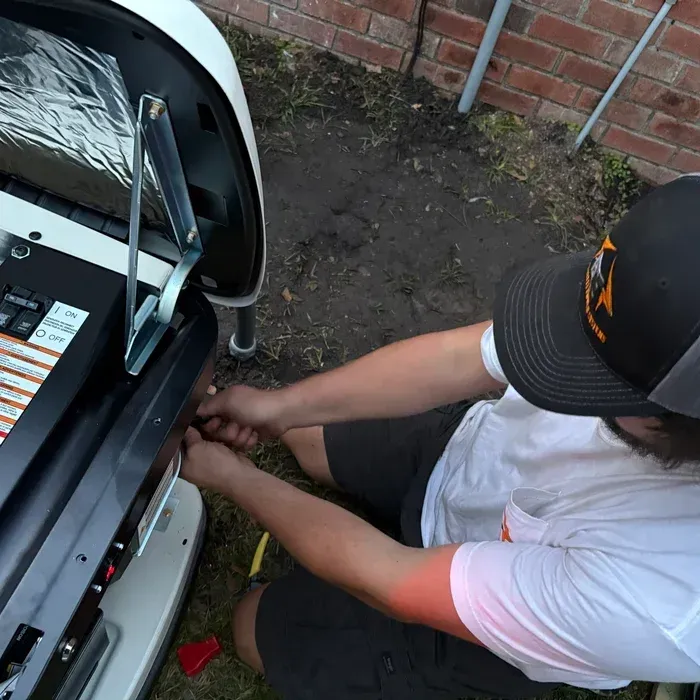 Person installing a generator outdoors, kneeling near it and working with wiring.