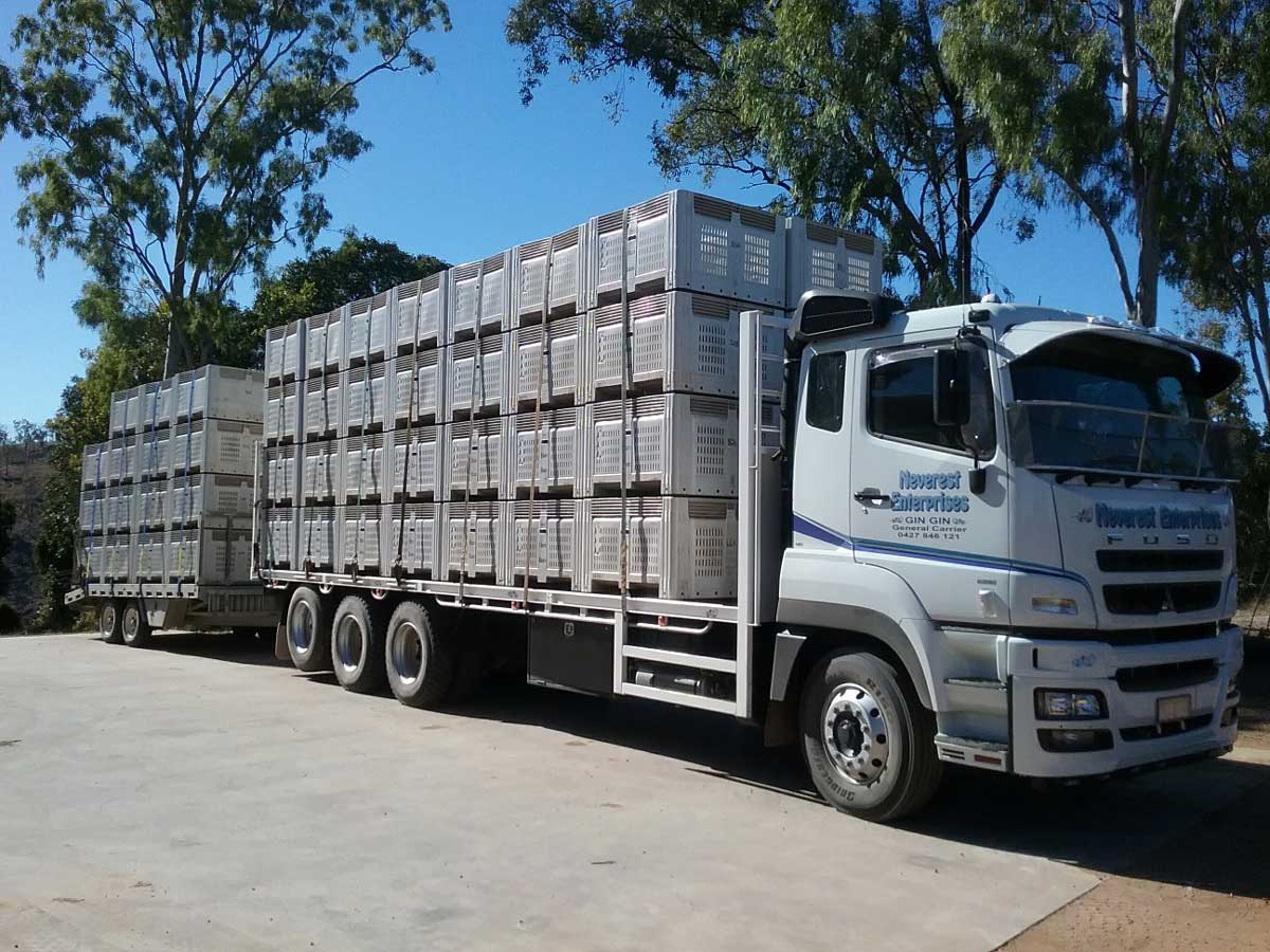 A truck with a trailer full of boxes is parked in a parking lot