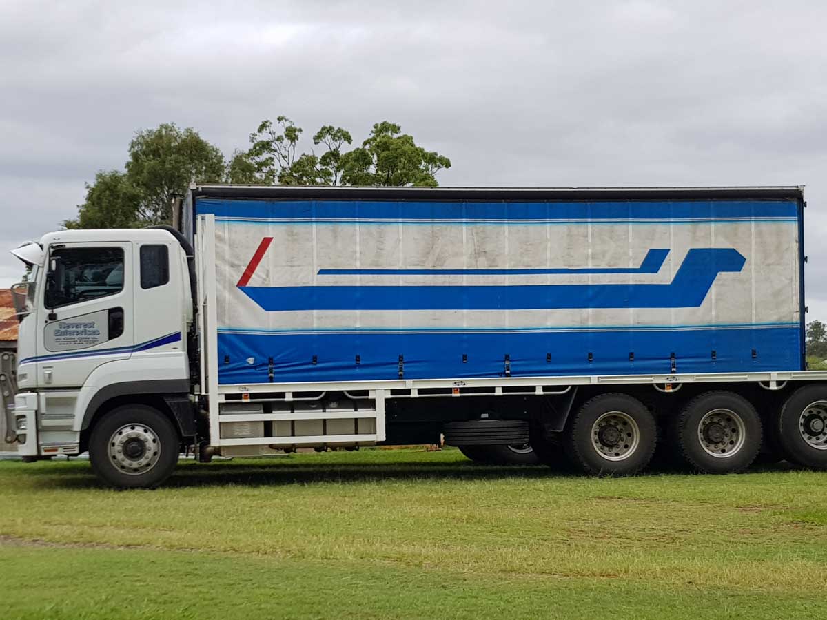 A blue and white truck is parked in a grassy field.