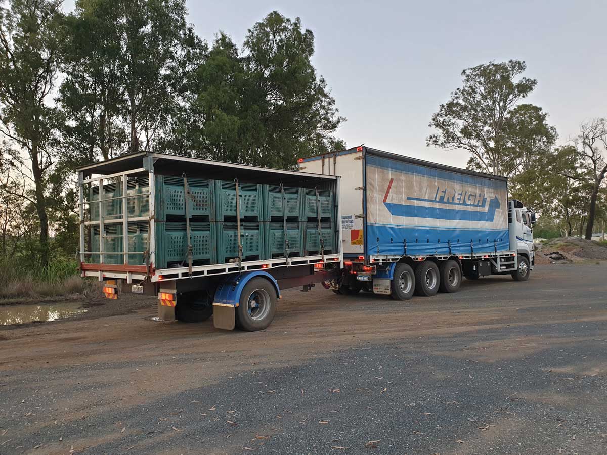 A truck with a trailer attached to it is parked on the side of the road.
