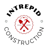 Logo for Intrepid Construction featuring a shovel and hammer crossed inside a red scalloped circle on a white background.