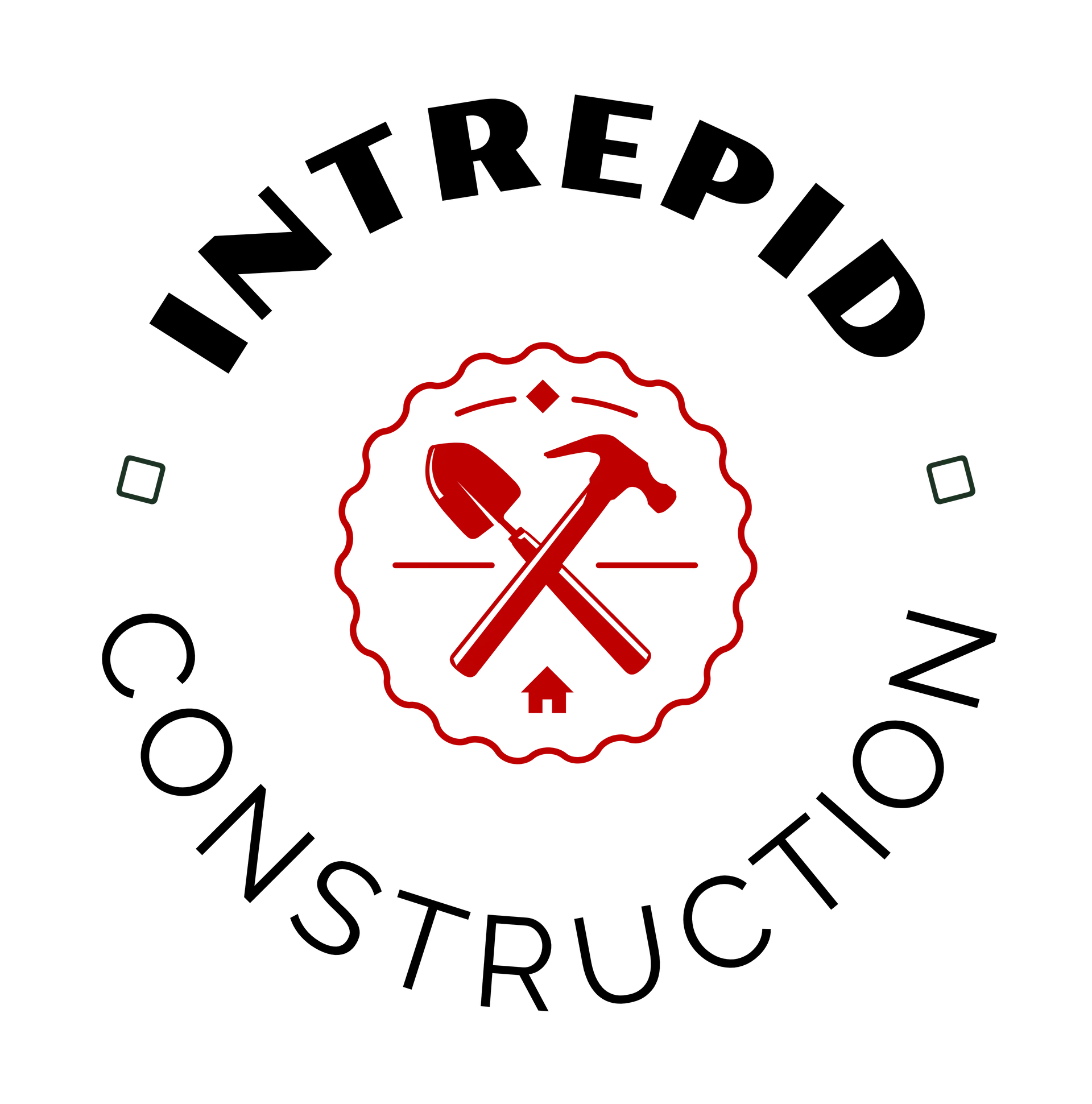 Logo for Intrepid Construction featuring a shovel and hammer crossed inside a red scalloped circle on a white background.