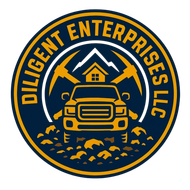 Circular logo for Diligent Enterprises LLC with a truck, mountains, house, and construction tools in navy and gold