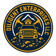 Circular logo for Diligent Enterprises LLC with a truck, mountains, house, and construction tools in navy and gold