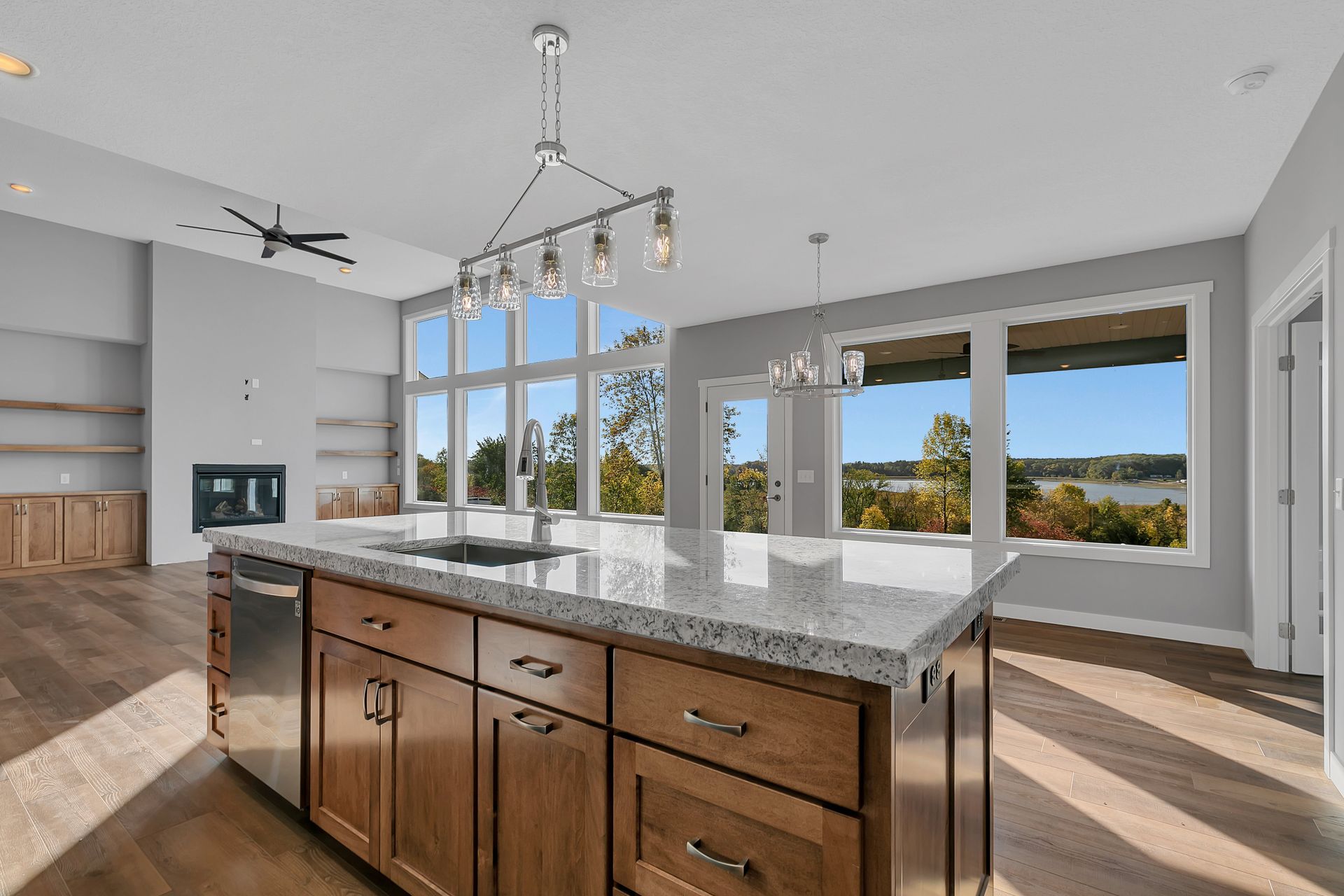 There is a large island in the middle of the kitchen.