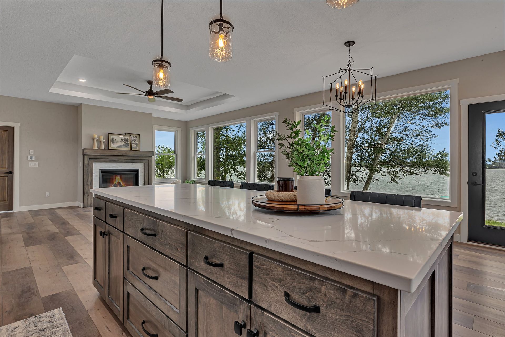 There is a large island in the middle of the kitchen.