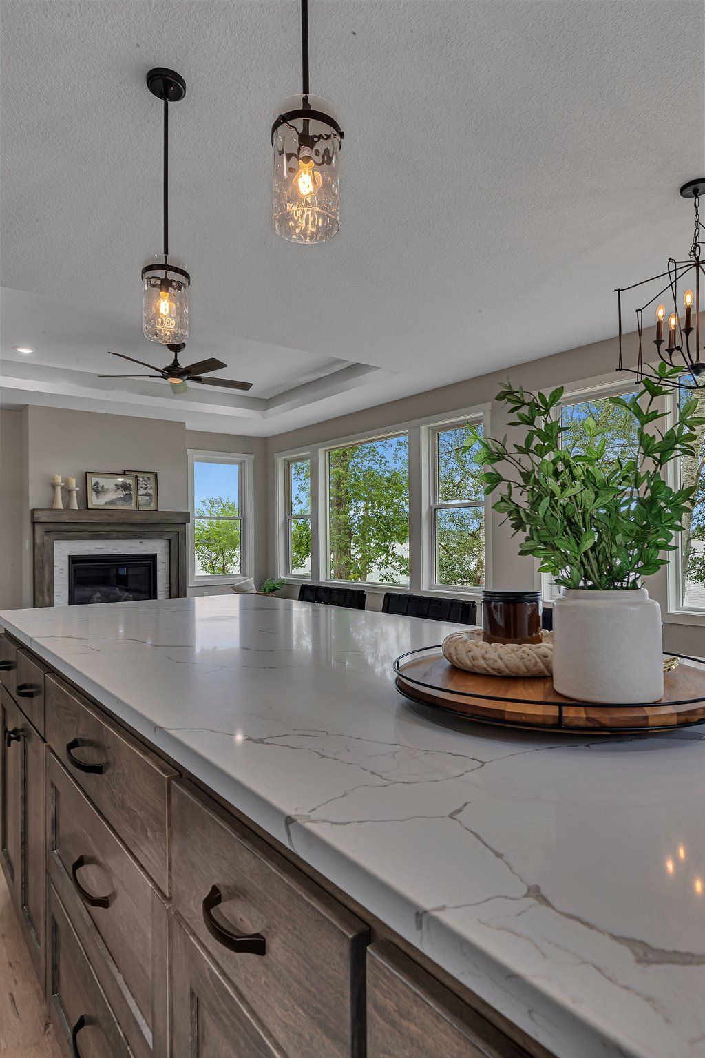 There is a large island in the middle of the kitchen.
