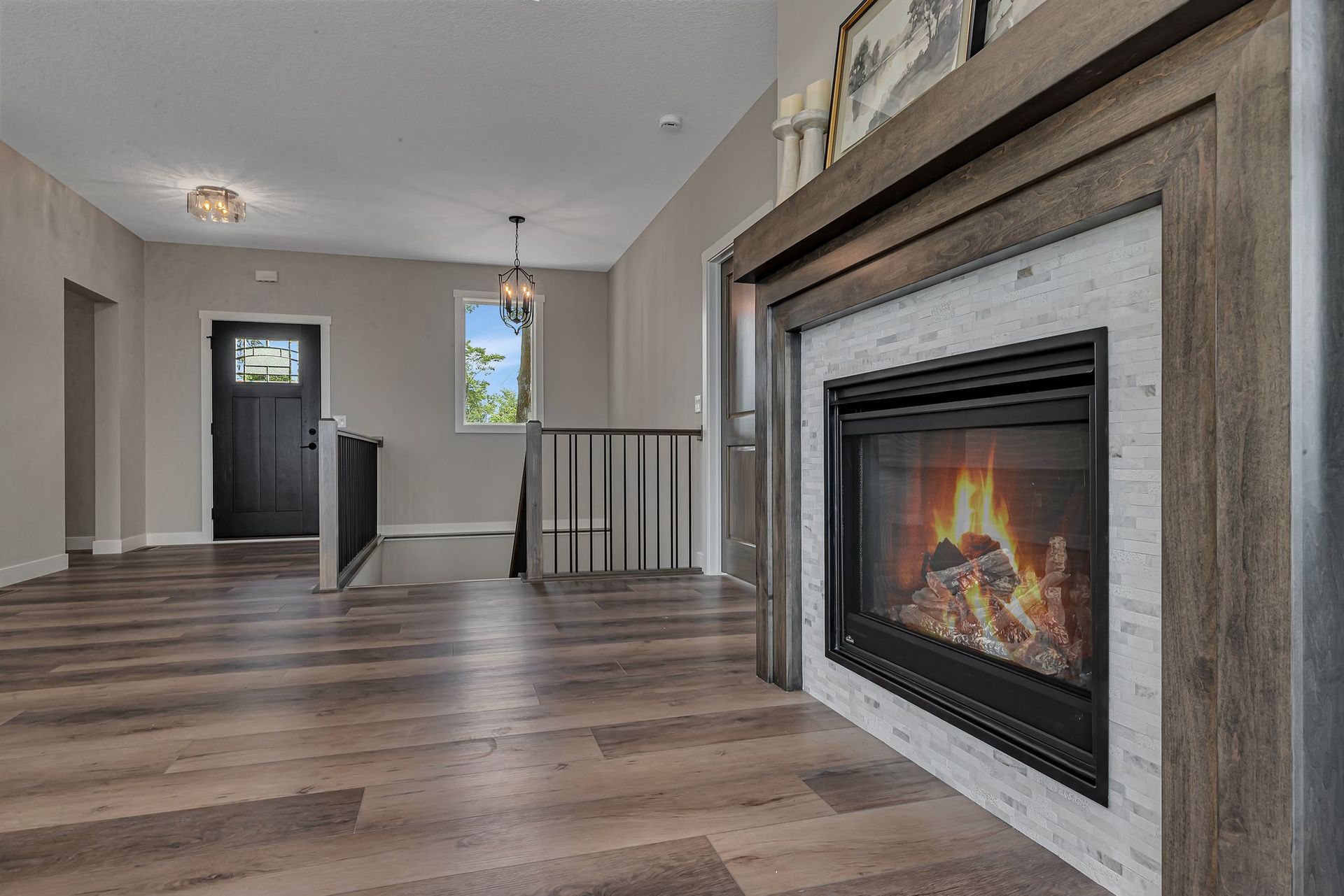 There is a fireplace in the middle of the room.