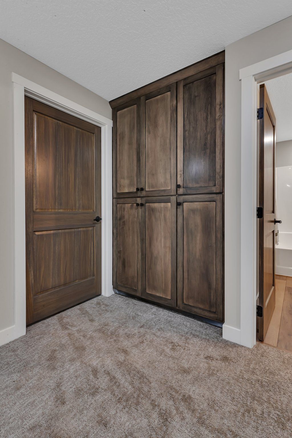 A room with a lot of cabinets and a carpeted floor.