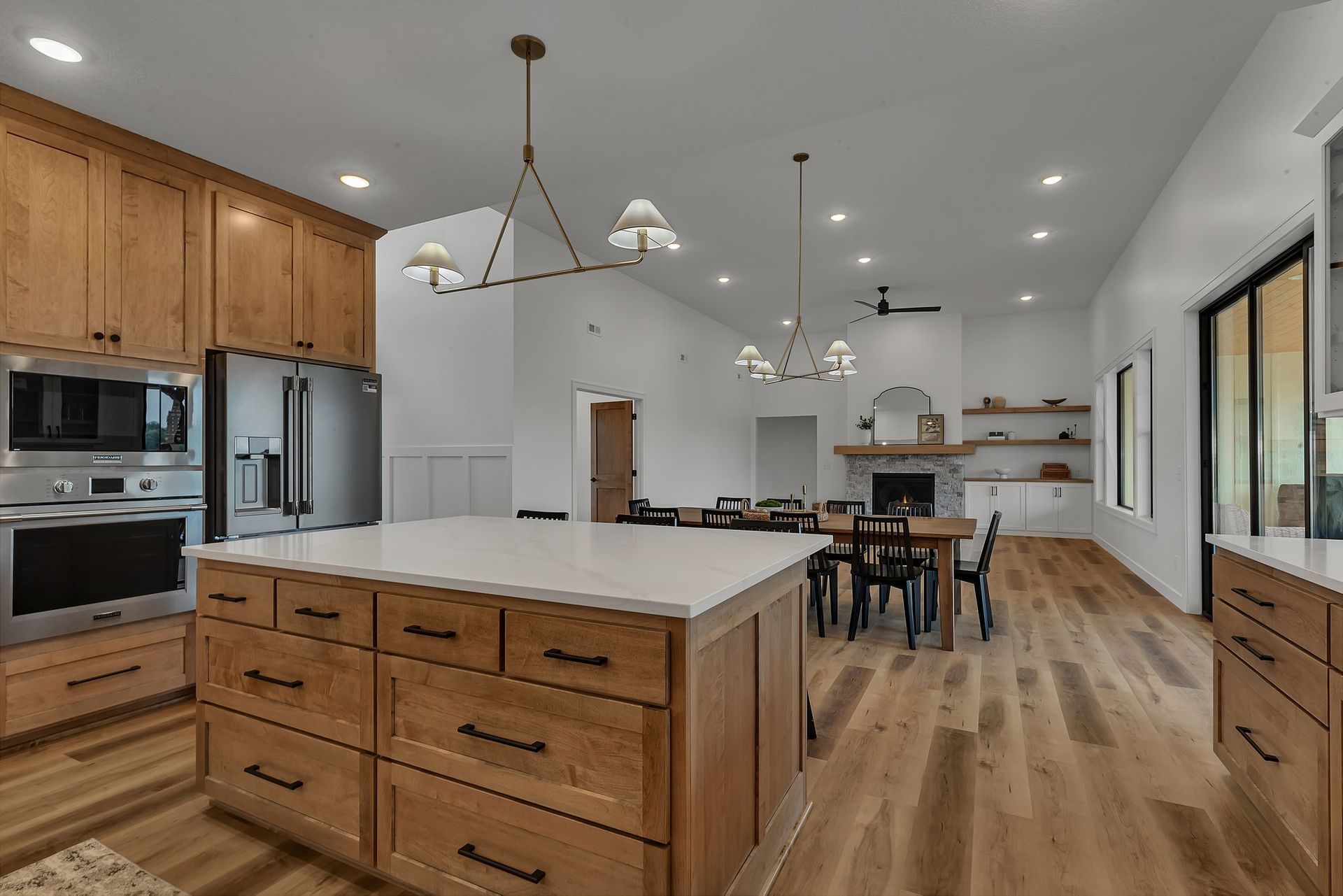 There is a large island in the middle of the kitchen.