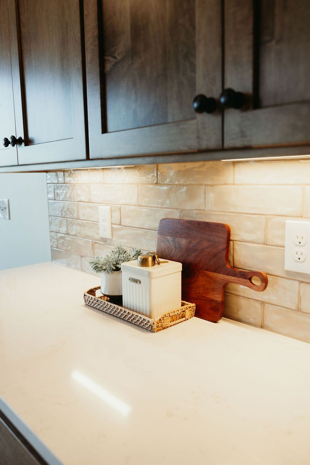 Kitchen countertop with decorative items: a plant, box, and cutting board.