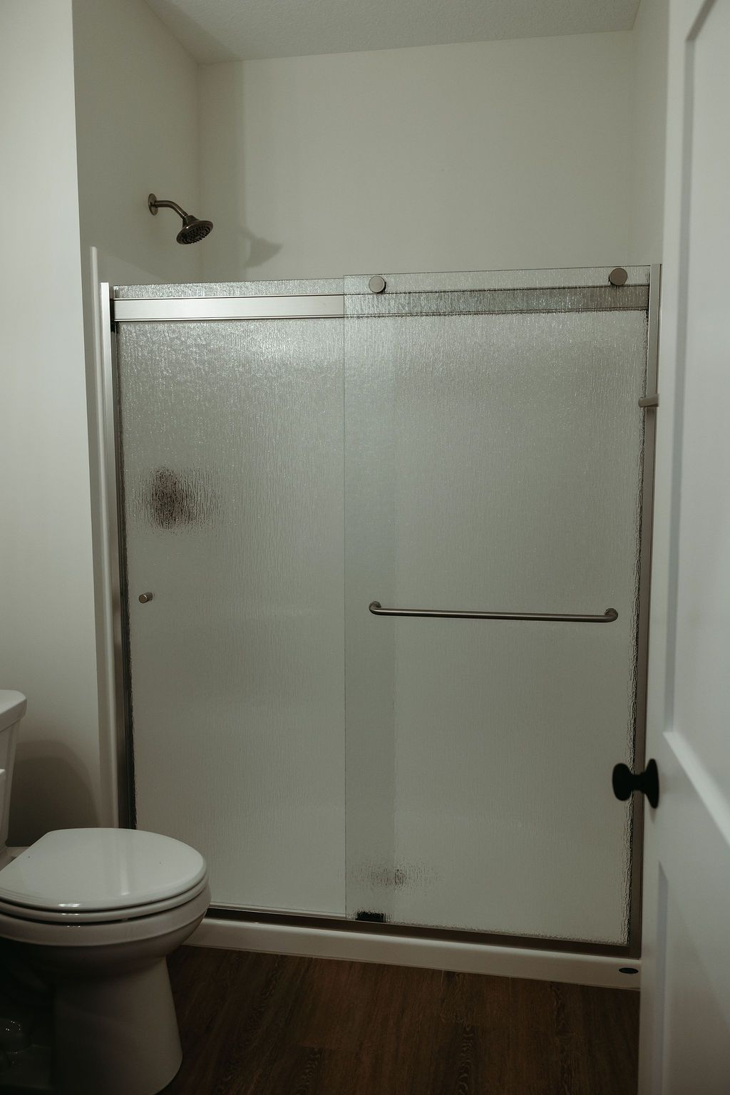Bathroom with toilet, frosted glass shower doors, and showerhead.