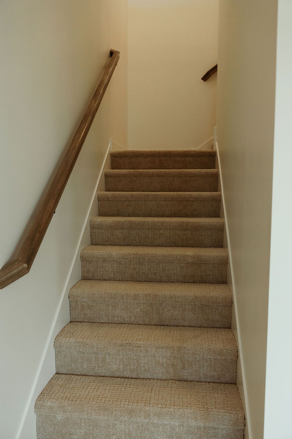 Staircase with beige carpet and wooden handrail against white walls.