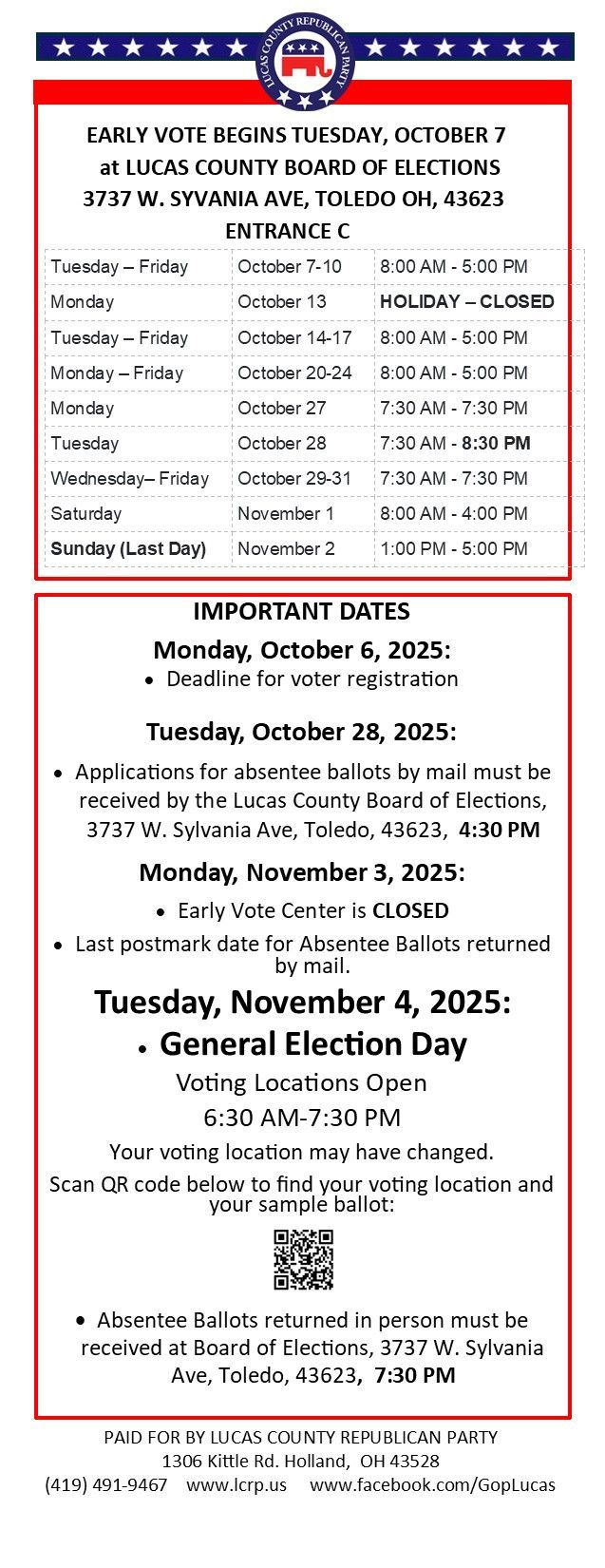 Lucas County Republican Party November 4, 2025 Slate Card