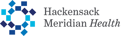 The hackensack meridian health logo is blue and white