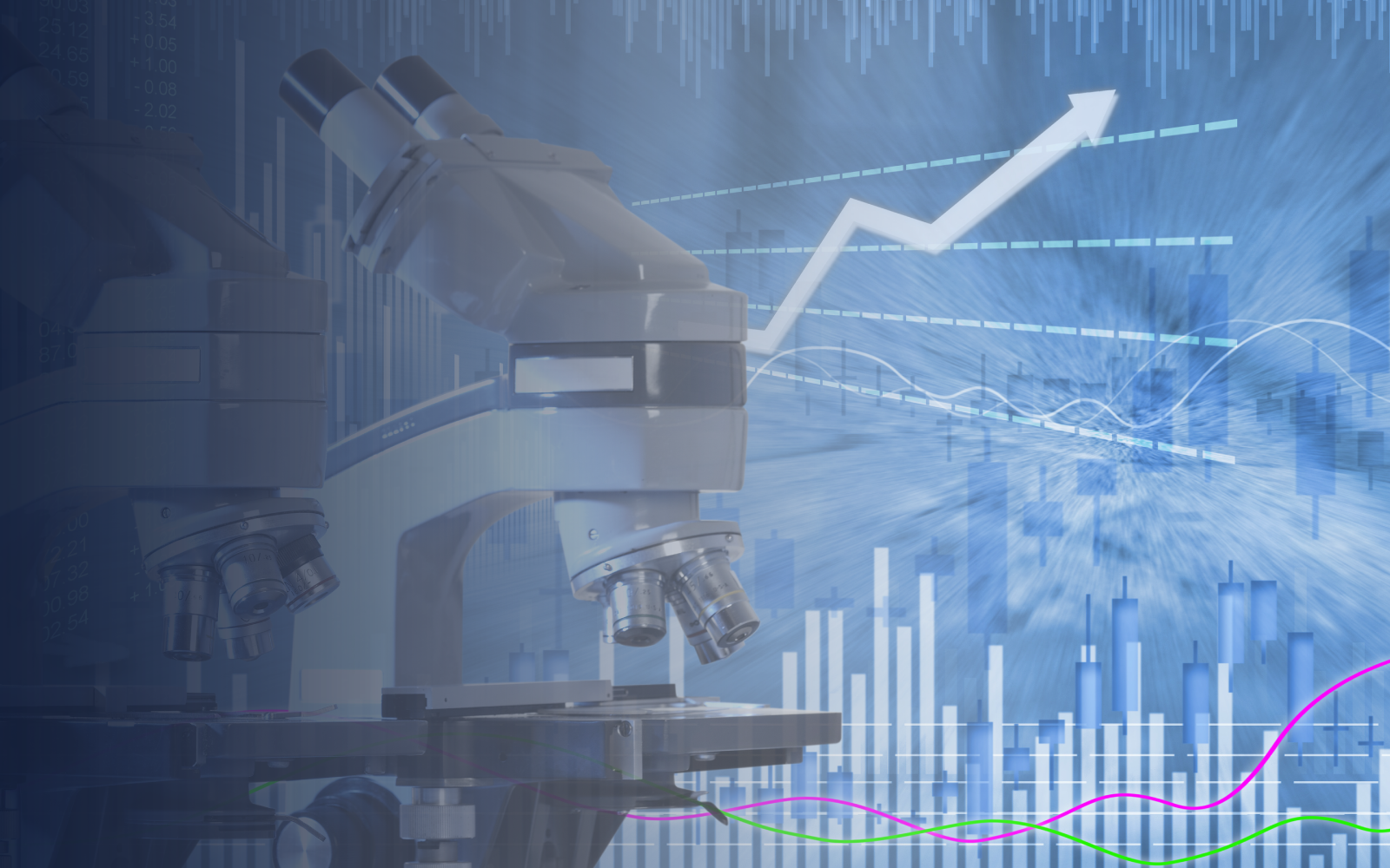 Microscope overlaid on a rising stock chart, blue tones, symbolizing growth in scientific research.