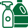 Green spray bottle and jug of cleaning solution.