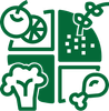 Green graphic of a divided plate with fruit, grains, vegetables, and a protein source.
