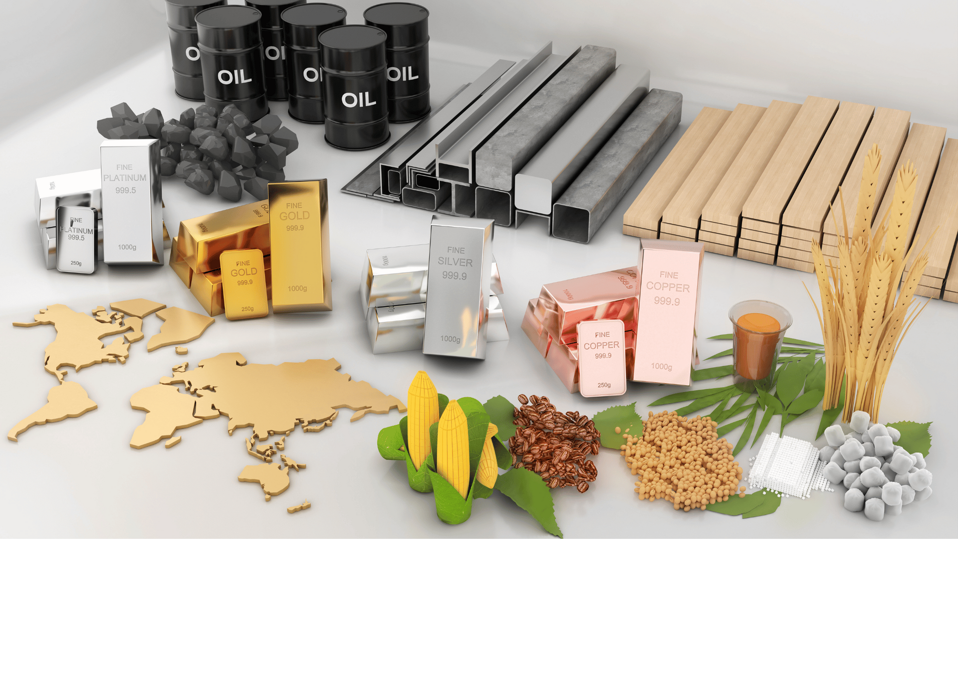 A table with a map of the world and various types of metals
