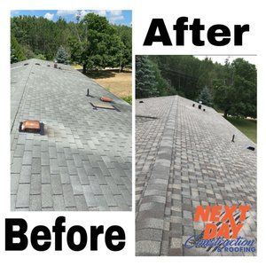 Before and after of an asphalt shingle roof replacement. The roof is gray, in a residential setting.