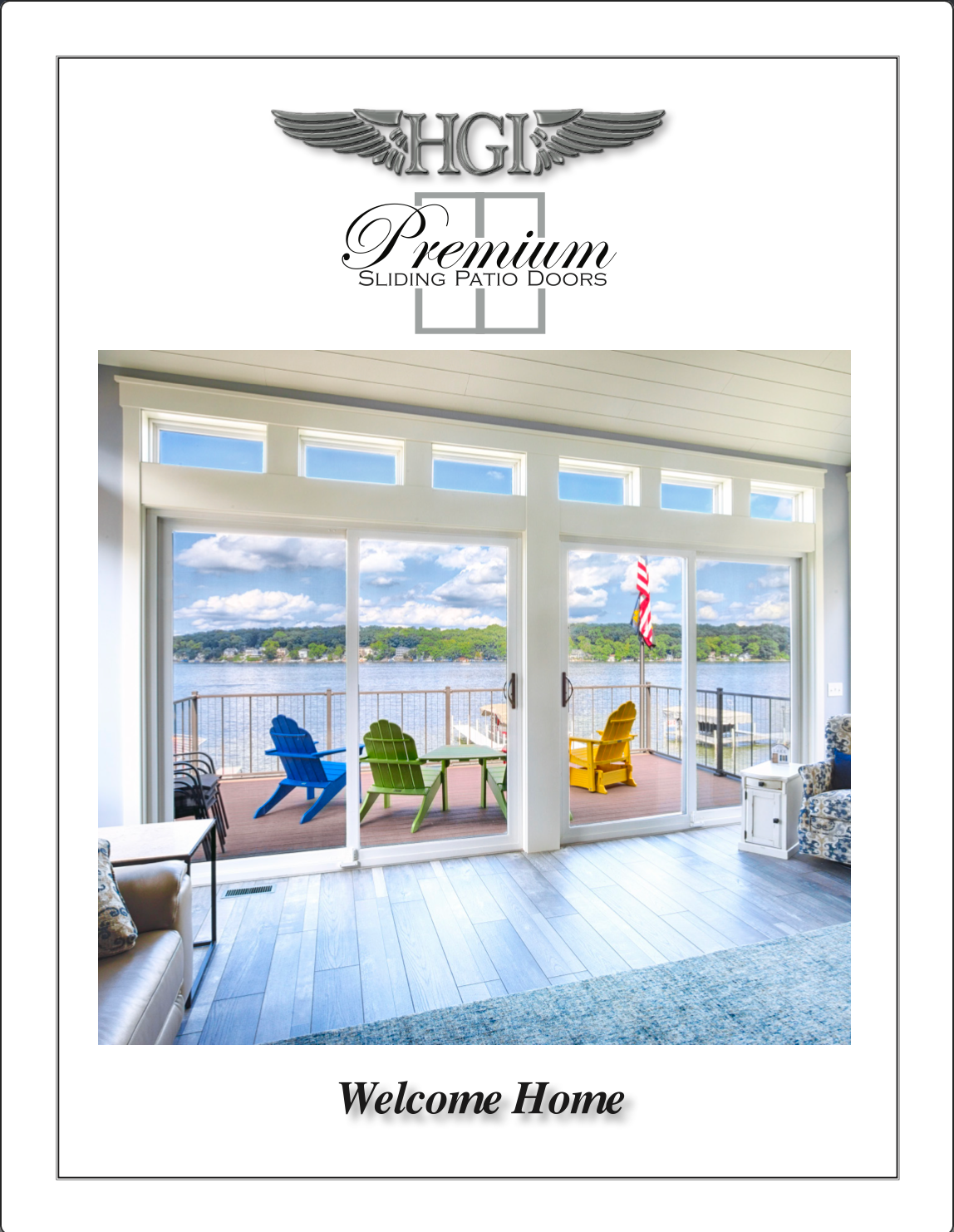 A picture of a living room with a view of a lake.