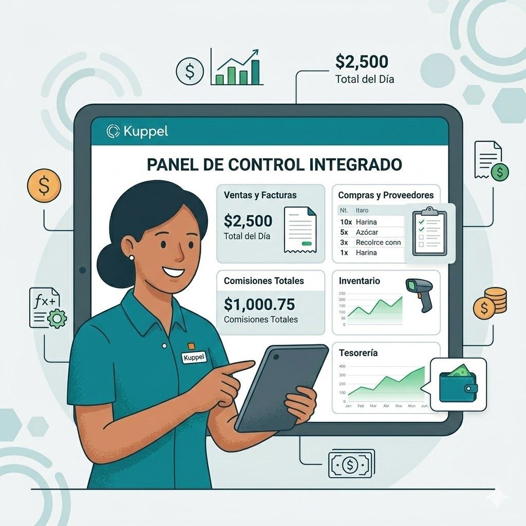 Mujer señalando una tableta que muestra un tablero financiero con gráficos y números.