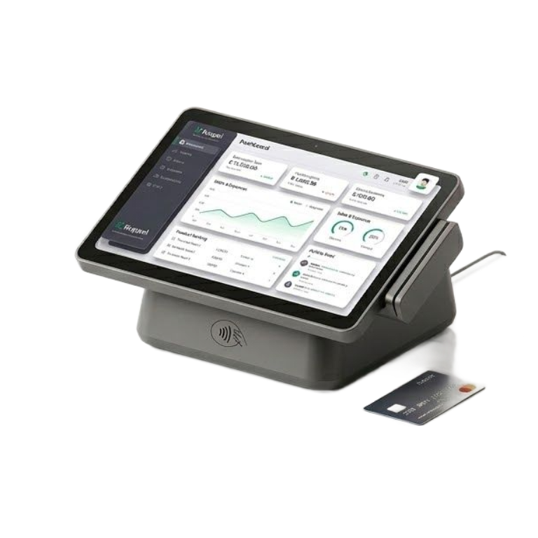 Mujer pagando en el mostrador de una tienda, cajero mirando la pantalla, impresión del recibo, factura mostrada.