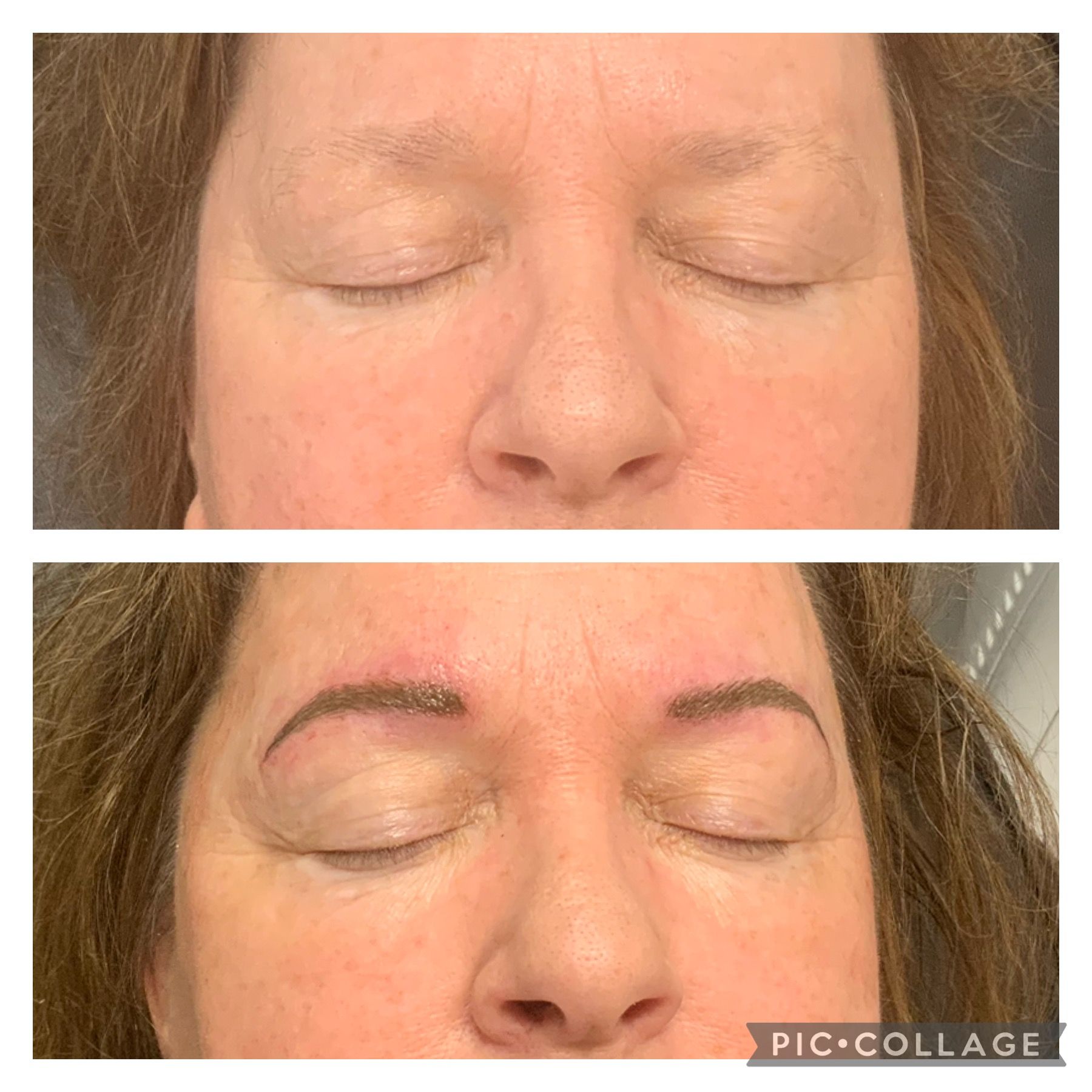 Before and after photos showing eyebrows before and after cosmetic tattooing.