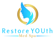 Logo for Restore YOUTH Med Spa: blue face silhouette inside gold circle, light blue text, spa tagline.