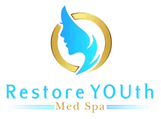 Logo for Restore YOUTH Med Spa: blue face silhouette inside gold circle, light blue text, spa tagline.