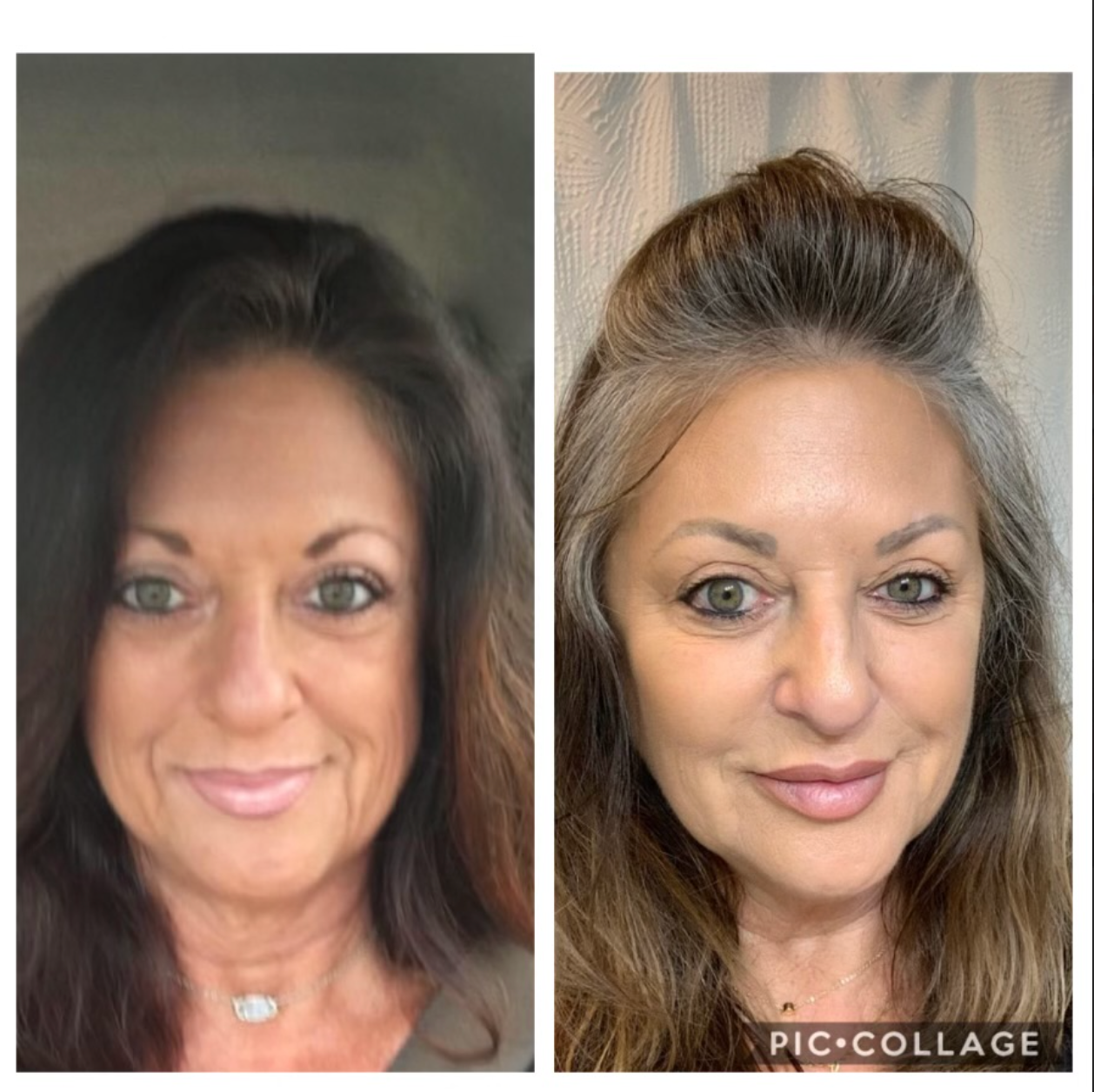 Side-by-side comparison of a woman's face. Left side: brunette with dark hair. Right side: gray hair.