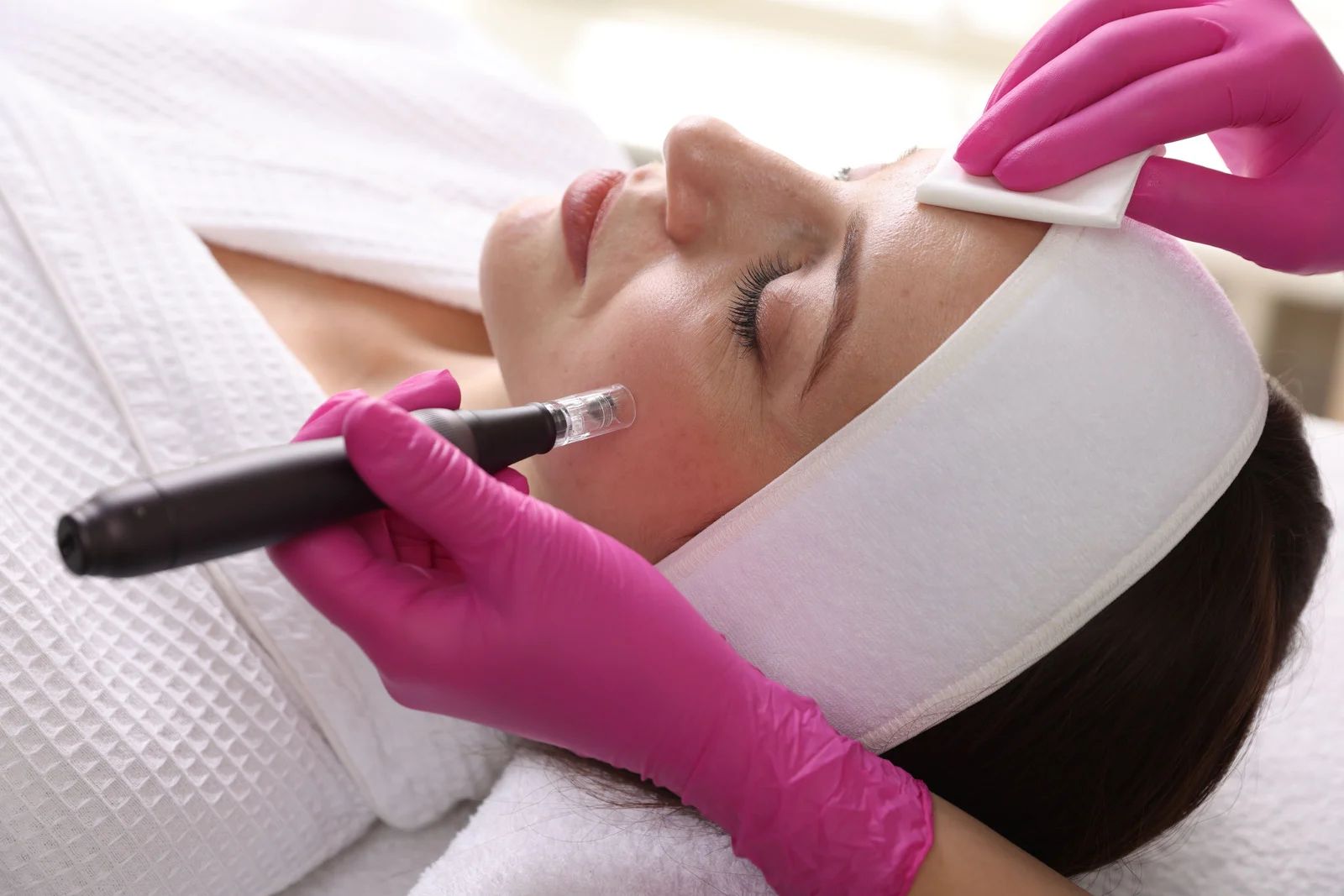 Person undergoing microneedling facial treatment, with gloved hands using a pen-like device on face.