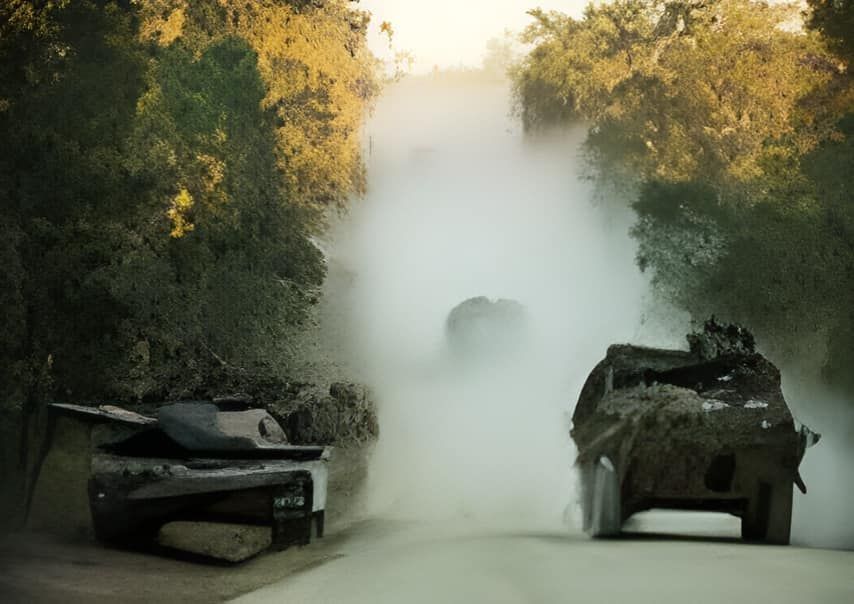 Two Military Vehicles Are Driving Down a Dirt Road — Lohman Contracting in Emerald, QLD