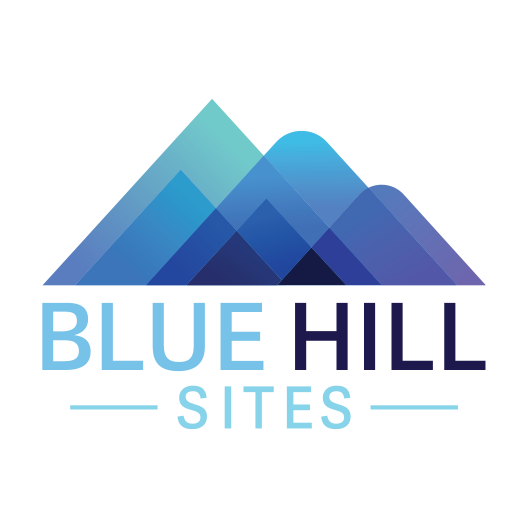Logo for Blue Hill Sites, featuring blue mountains and text.
