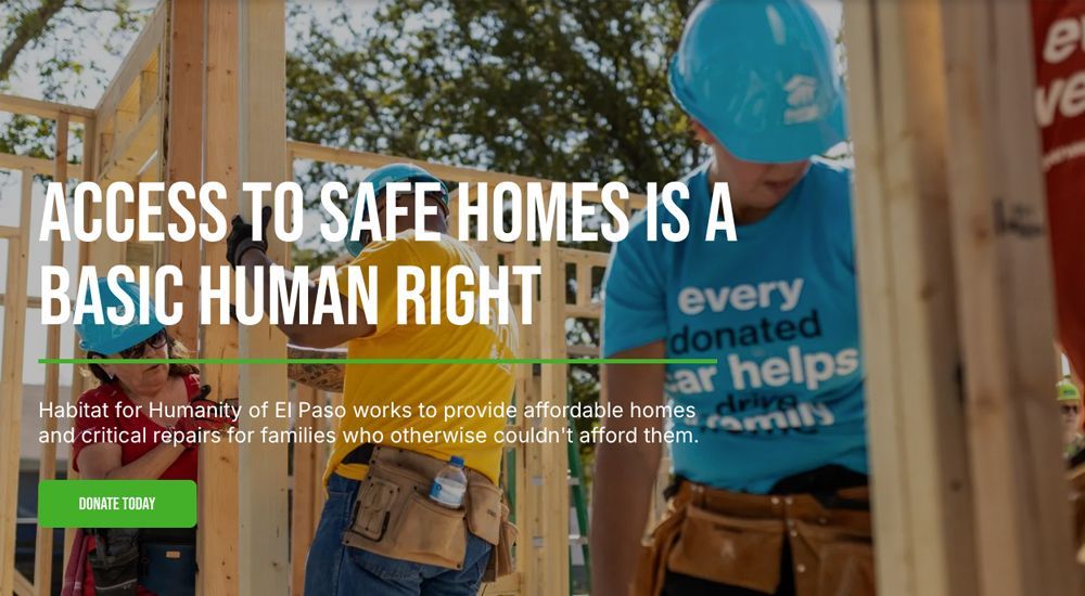 Volunteers building a house; text reads 