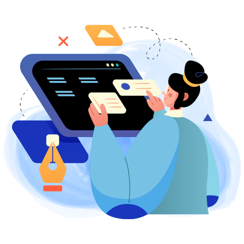 Woman designing on a computer; uses a pen tool. Pale blue background.