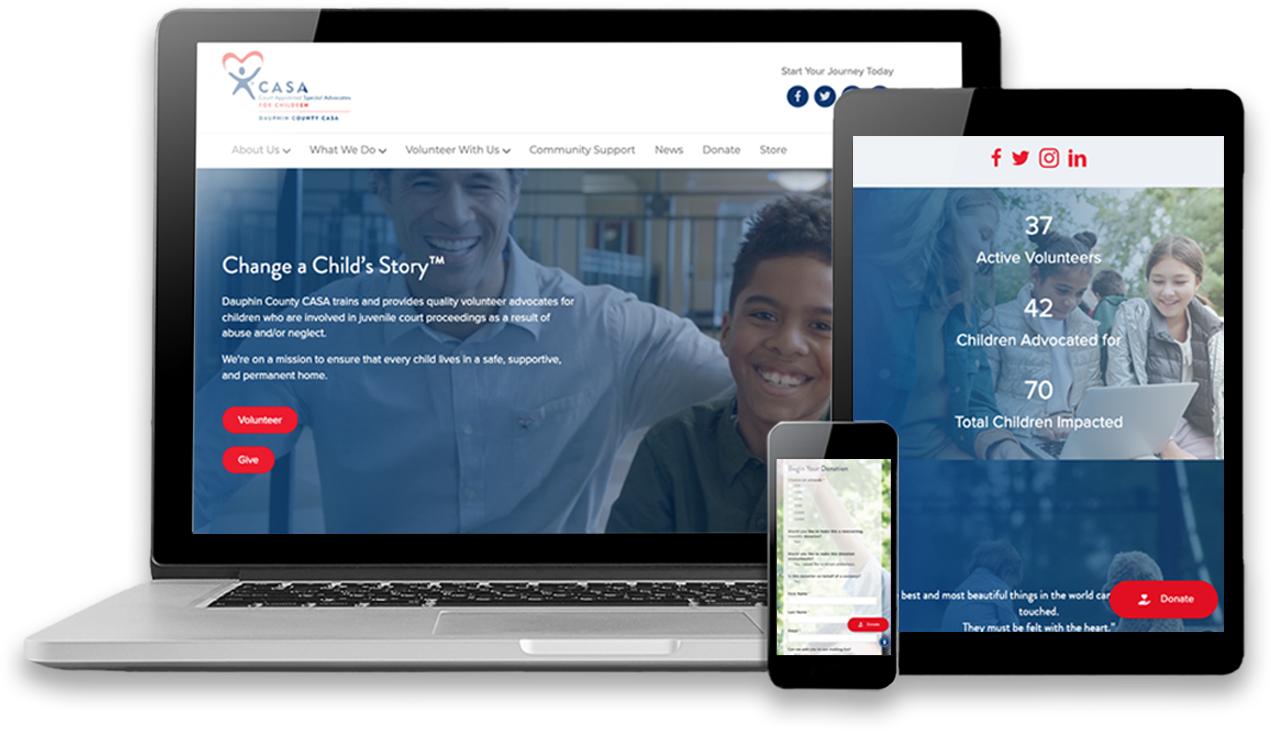 Website displayed on laptop, tablet, and phone showcasing program, featuring photos and social media links.