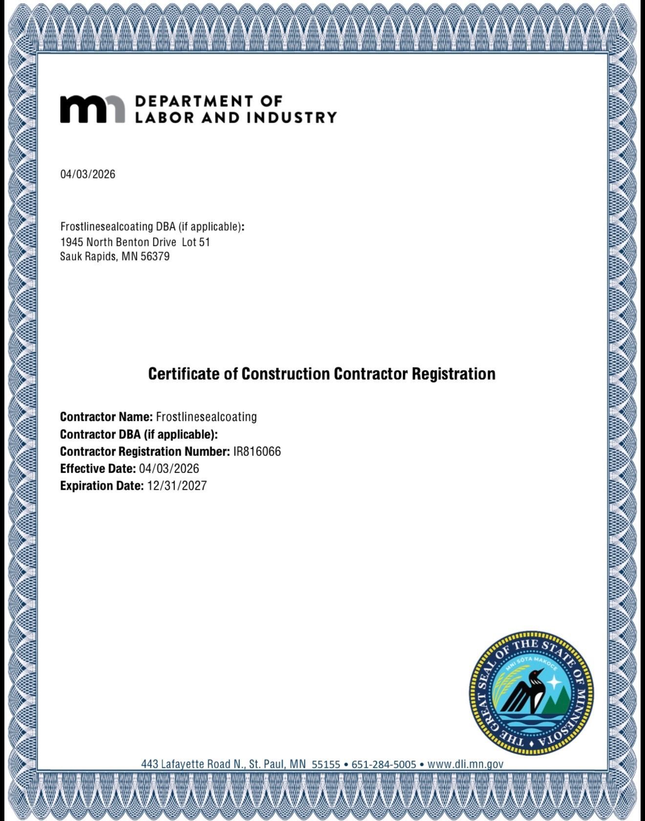 Minnesota Department of Labor and Industry certificate with blue decorative border and seal