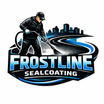 Frostline Sealcoating logo with worker spraying asphalt, blue-black road and city skyline