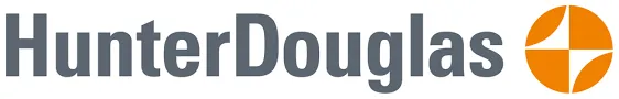 A logo for hunter douglas with an orange arrow pointing to the right