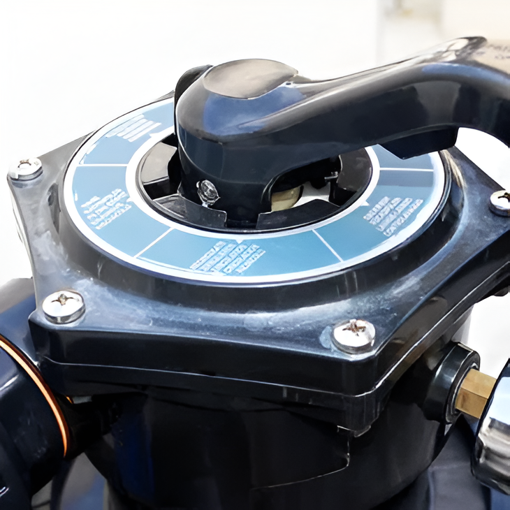 Black pool filter valve with handle and labeled settings.