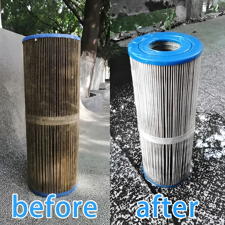 Before and after comparison of a spa filter; dirty filter on the left, clean filter on the right.