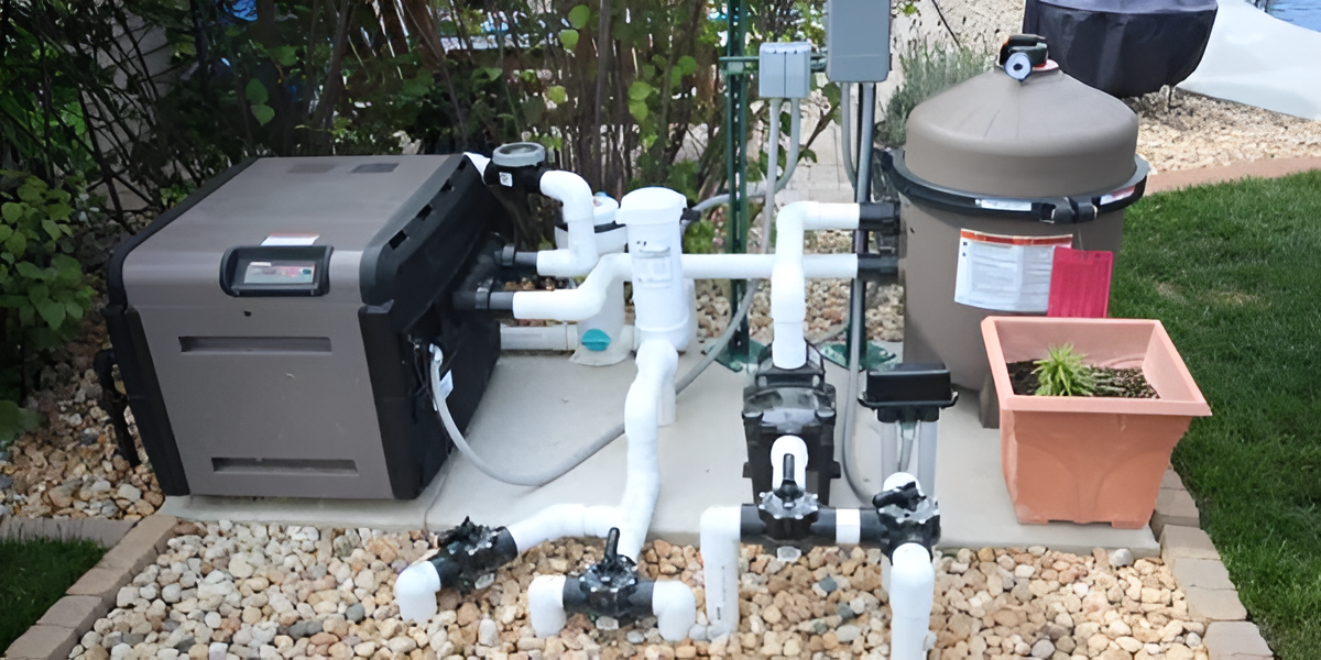 Pool equipment, including a heater, filter, and plumbing, sitting on a stone base outdoors.